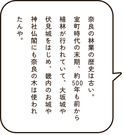 奈良の林業の歴史は古い。室町時代の末期、約500年も前から植林が行われていて、大坂城や伏見城をはじめ、畿内のお城や神社仏閣にも奈良の木は使われたんや。